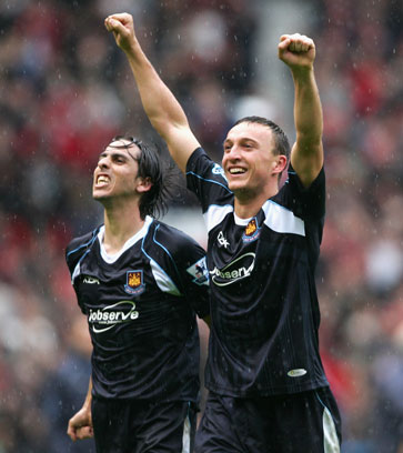 Mark Noble celebrates completing the Great Escape at Manchester United in May 2007