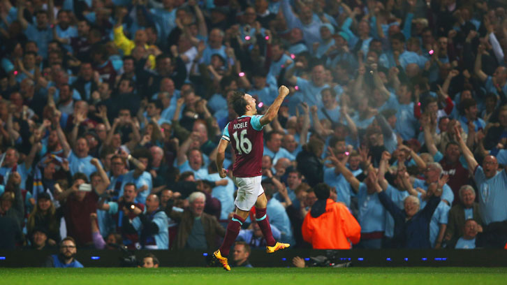 Mark Noble celebrates victory in the Final Game at the Boleyn Ground