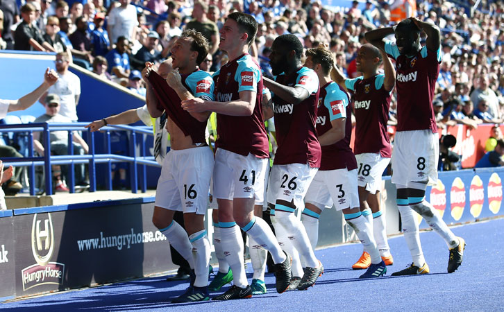 Mark Noble celebrates scoring at Leicester City in May 2018