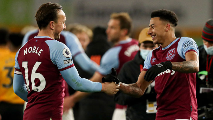 Mark Noble and Jesse Lingard celebrate at Wolves