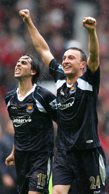 Mark Noble celebrates completing the Great Escape at Manchester United in May 2007