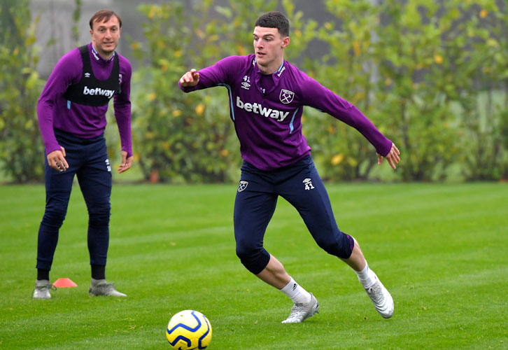 Mark Noble and Declan Rice in training at Rush Green