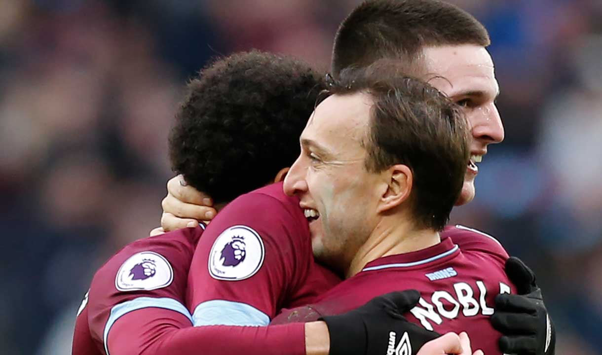 Mark Noble and Declan Rice celebrate against Arsenal