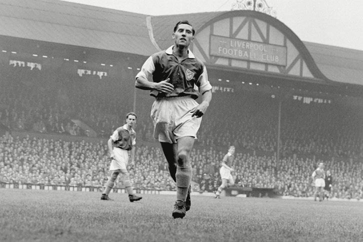 Frank O'Farrell in action against Liverpool at Anfield in 1954