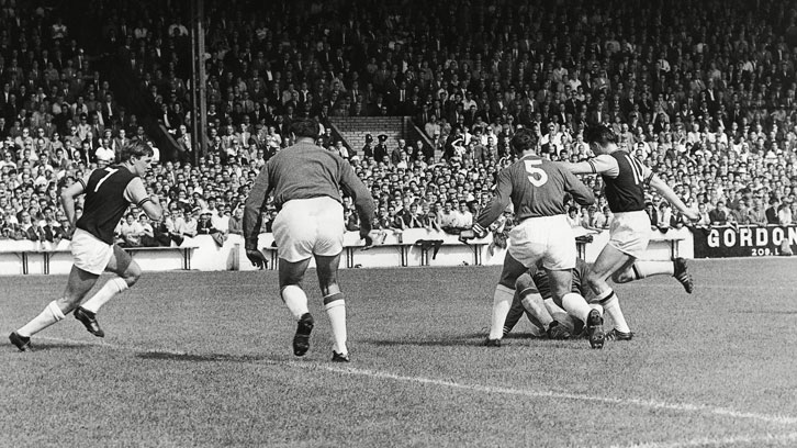 Johnny Byrne gets a shot away at Leyton Orient in September 1962