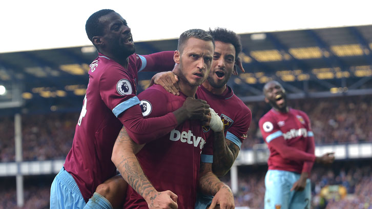 Pedro Obiang celebrates after setting up Marko Arnautovic's goal at Everton