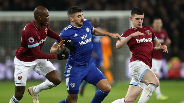 Angelo Ogbonna and Declan Rice in action against Cardiff City