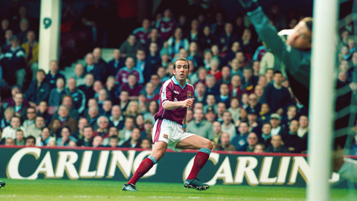 Paolo Di Canio scores a volley against Wimbledon