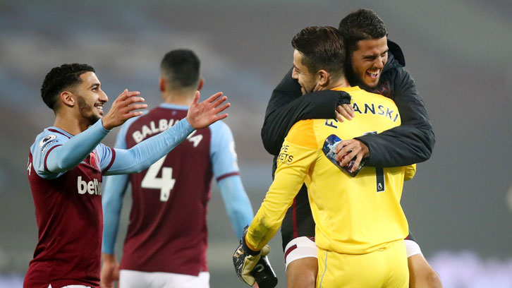 Pablo Fornals congratulates Lukasz Fabianski on his penalty save against Fulham