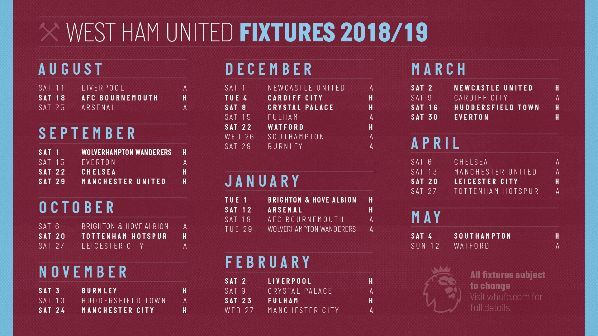 West Ham United's 2018/19 Premier League fixtures
