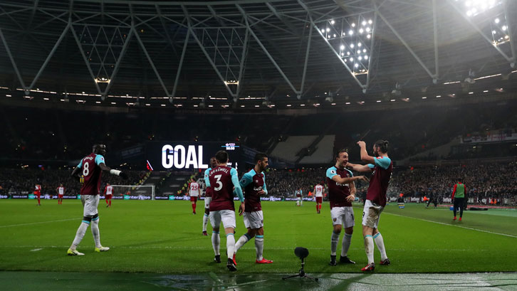 West Ham United players celebrate against West Bromwich Albion