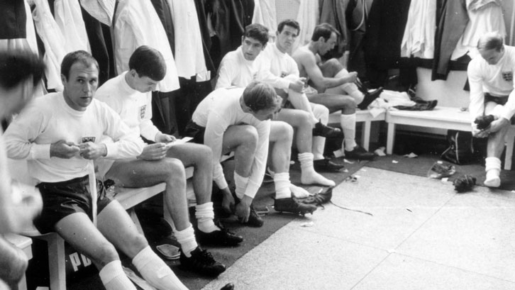 Martin Peters (third from left) prepares to make his England debut in May 1966