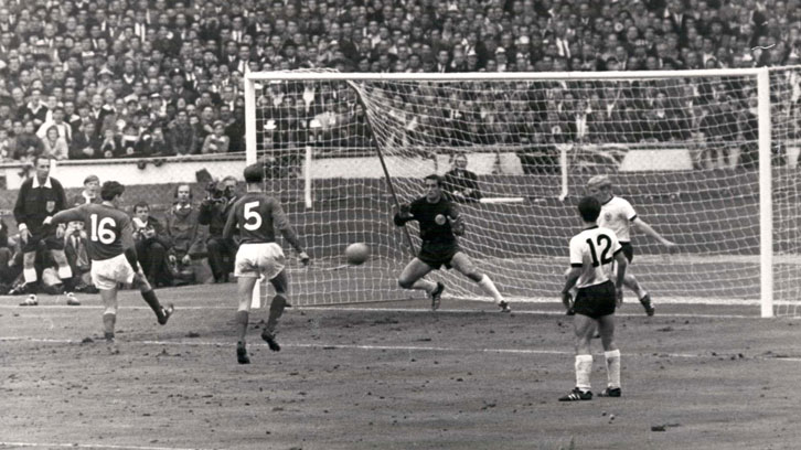 Martin Peters scores for England against West Germany in the 1966 FIFA World Cup final
