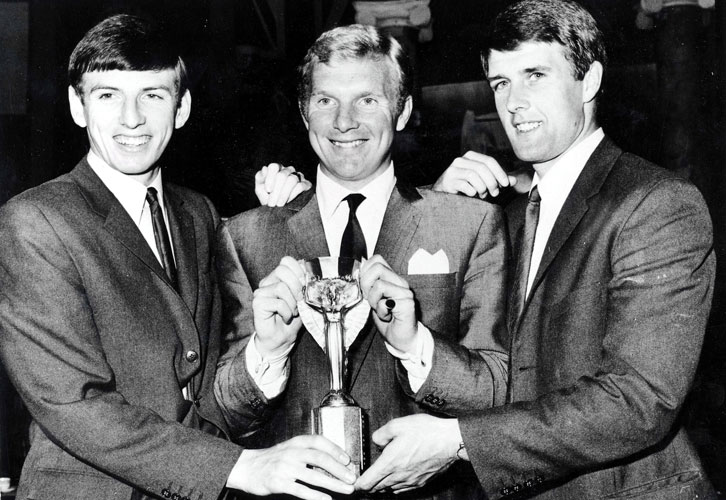 Martin Peters, Bobby Moore and Geoff Hurst with the Jules Rimet Trophy