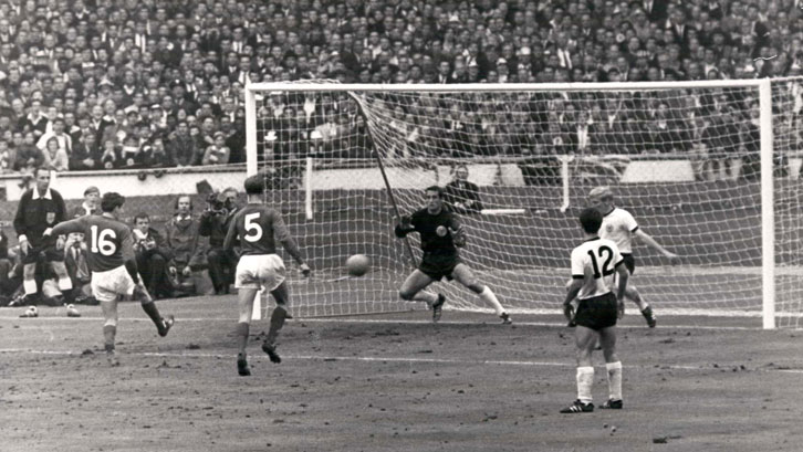 Martin Peters (No16) scores England's second goal in the 1966 FIFA World Cup final