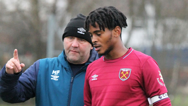 West Ham United U18s lead coach Mark Phillips with defender Josh Okotcha