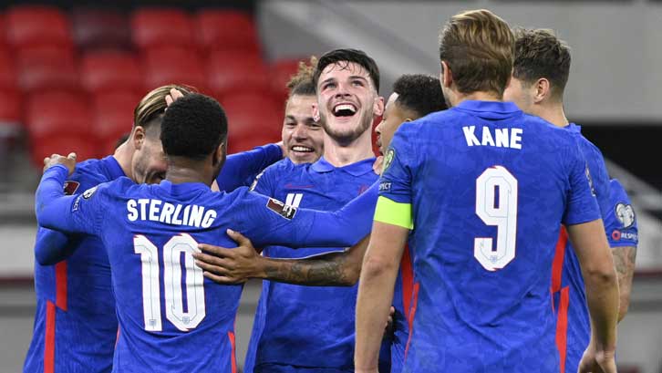 Declan Rice celebrates scoring for England