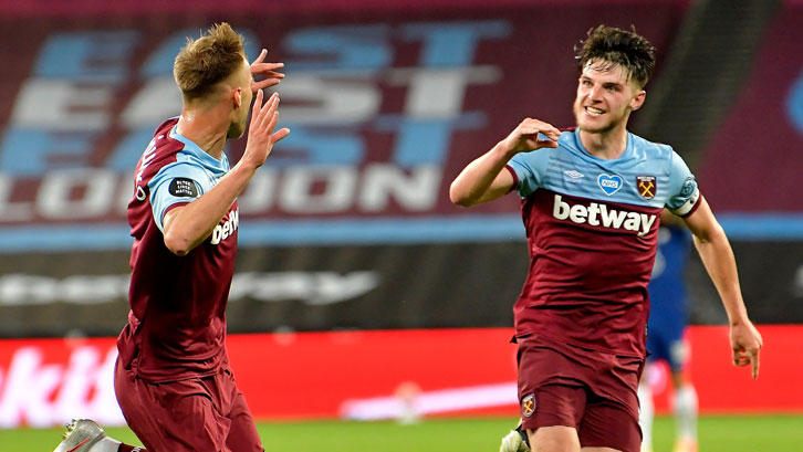 Declan Rice celebrates Andriy Yarmolenko's winner against Chelsea