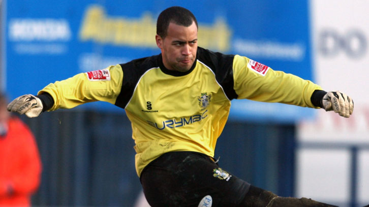 Darren Randolph in action for Bury at Stockport County in February 2008