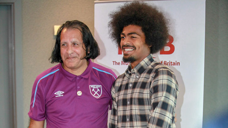 Rashid Abba with Leicester City midfielder Hamza Choudhury