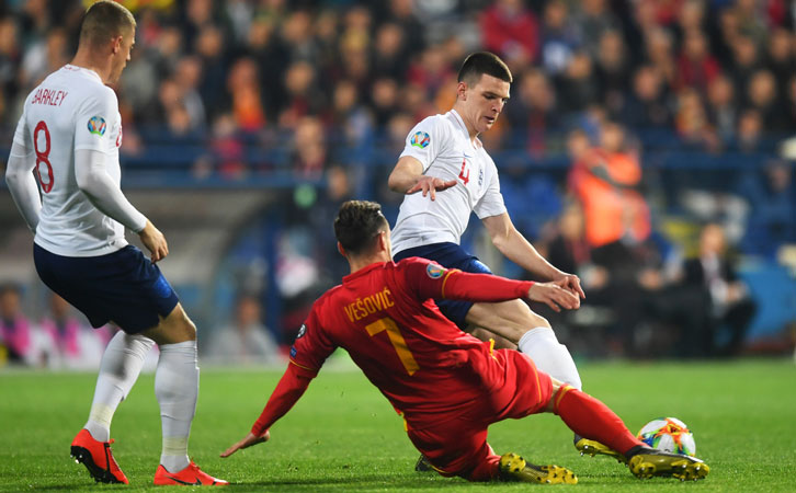 Declan Rice in action on his full England debut in Montenegro