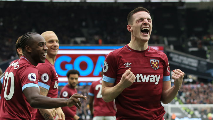 Declan Rice celebrates scoring his first goal for West Ham United