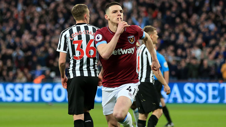 Declan Rice celebrates his goal against Newcastle United