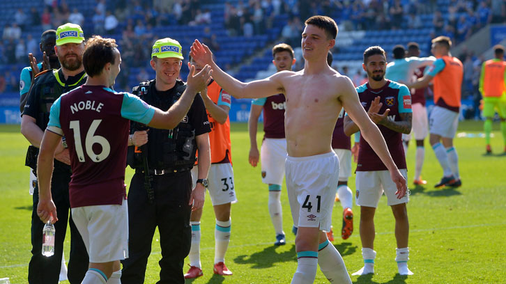 Declan Rice and Mark Noble celebrate at Leicester City