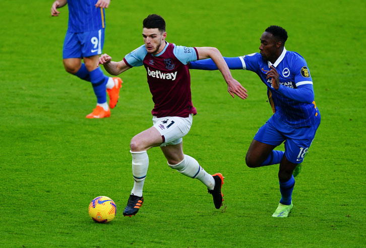 Declan Rice in action against Brighton's Danny Welbeck