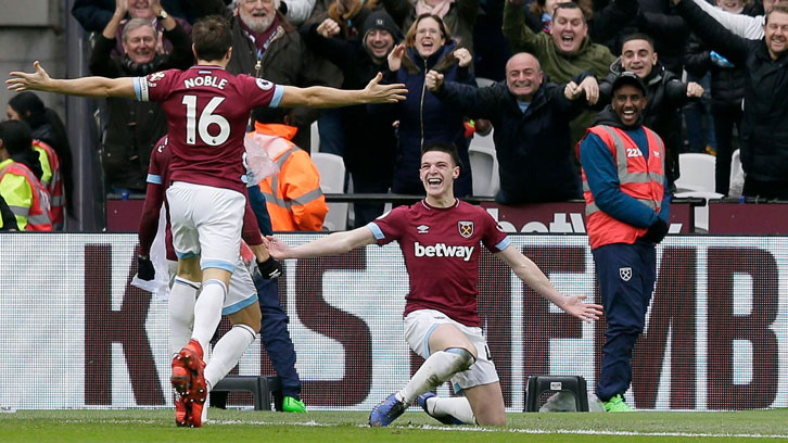 Declan Rice celebrates scoring against Arsenal in January 2019