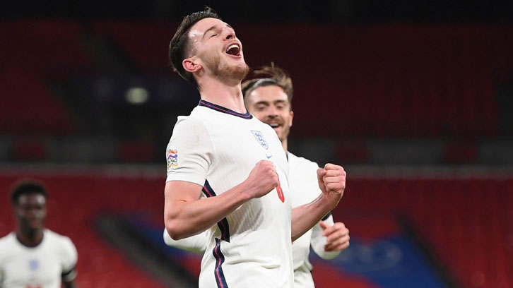 Declan Rice celebrates scoring for England