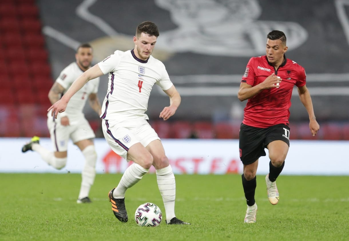 Declan Rice playing for England against Albania