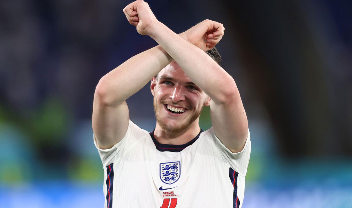 Declan Rice celebrates England's victory over Ukraine