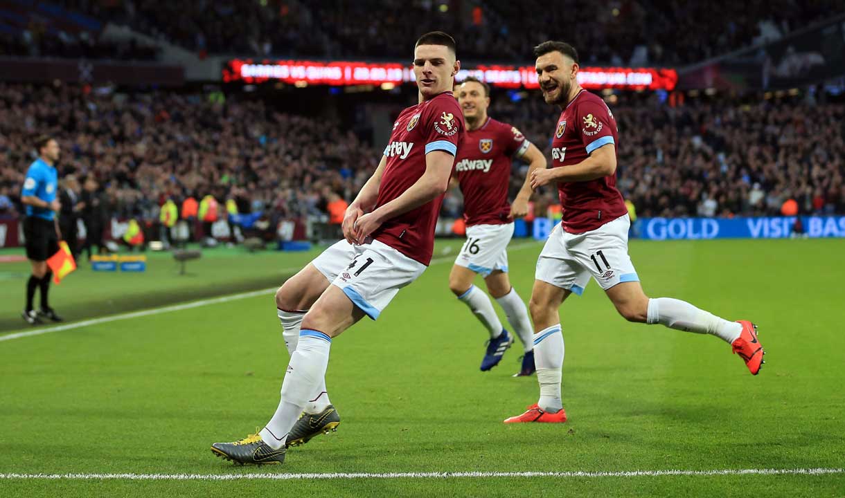 Declan Rice celebrates scoring against Newcastle