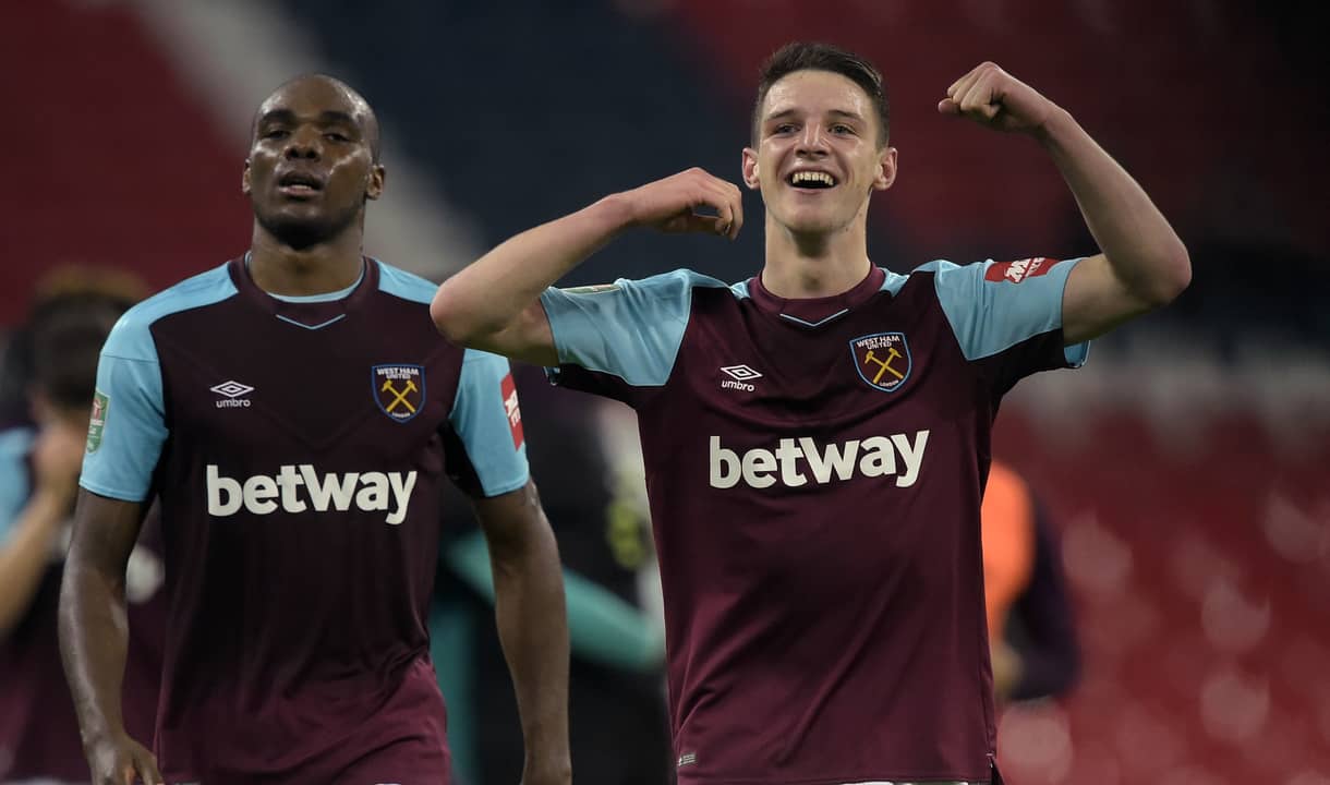 Declan Rice celebrates with Angelo Ogbonna
