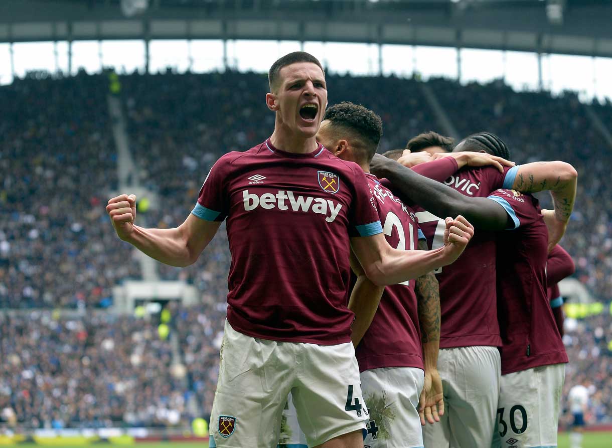 Declan Rice celebrates Michail Antonio's goal at Spurs