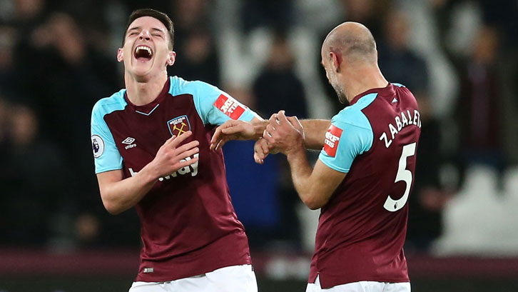 Declan Rice and Pablo Zabaleta celebrate victory over West Bromwich Albion