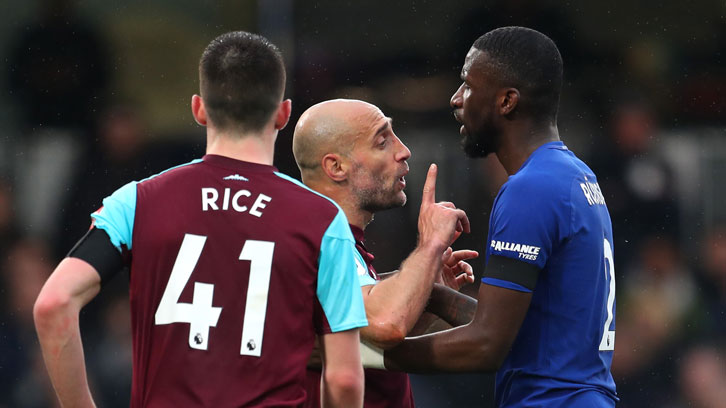 Declan Rice and Pablo Zabaleta confront Chelsea's Antonio Rudiger at Stamford Bridge
