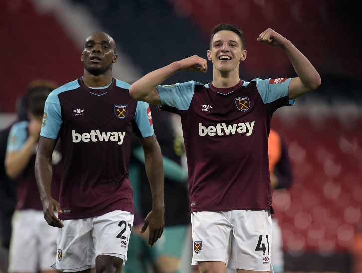 Declan Rice celebrates at Wembley with Angelo Ogbonna