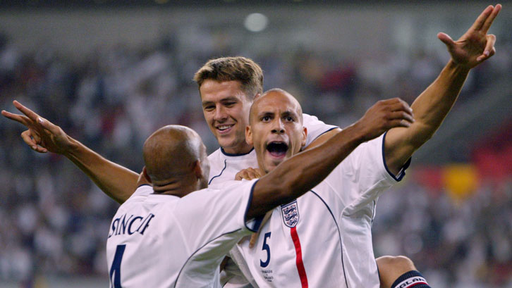 Rio Ferdinand celebrates scoring for England against Denmark at the 2002 FIFA World Cup finals