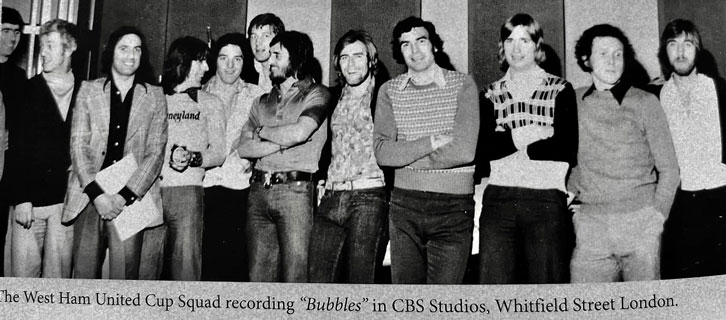 The West Ham United squad singing 'Bubbles' in the studio in April 1975