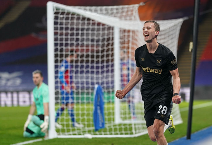 Tomas Soucek celebrates his goal at Crystal Palace