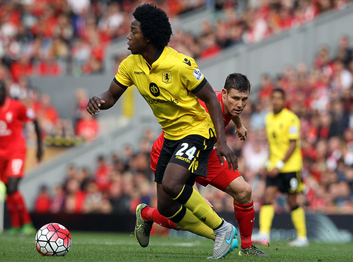 Carlos Sanchez in action for Aston Villa at Anfield in September 2015