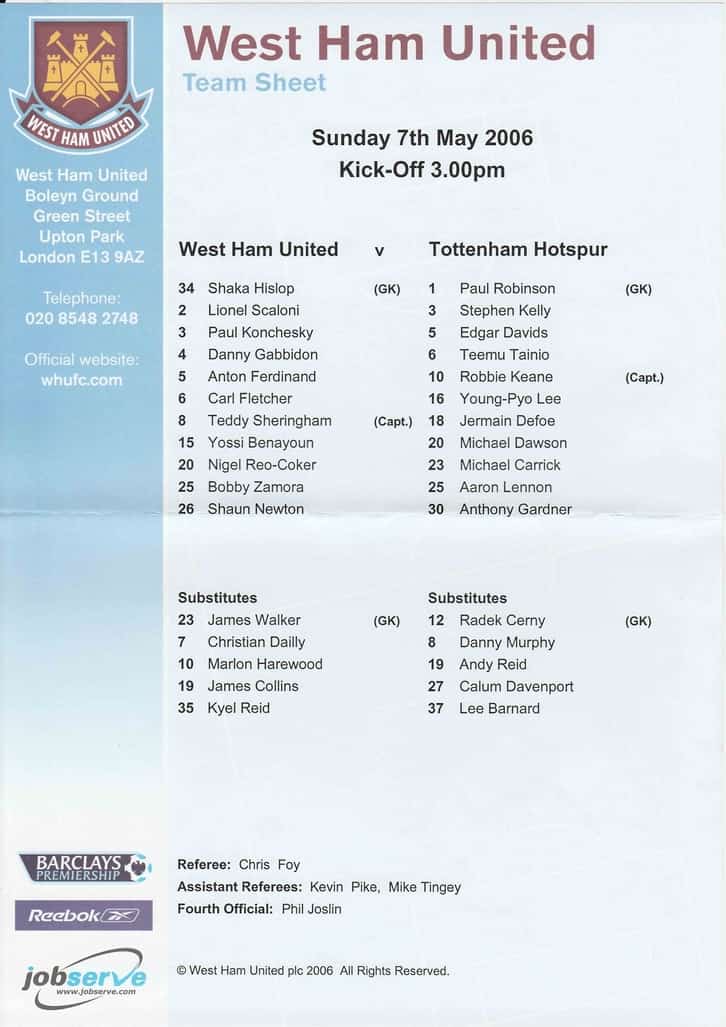 The teamsheet from the win over Tottenham Hotspur on 7 May 2006