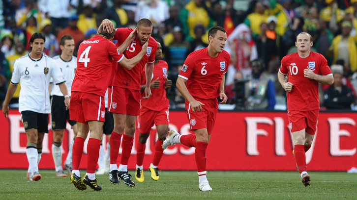 Matthew Upson celebrates scoring for England against Germany in 2010