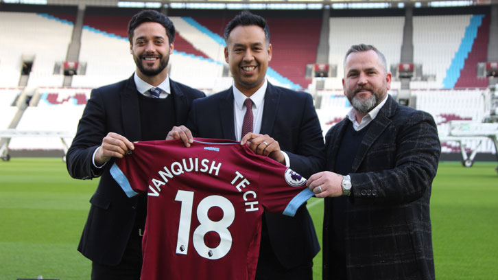 Vanquish Tech CEO Simeon Taylor and Managing Director Cuan Anderson with West Ham United Digital and Commercial Director Karim Virani