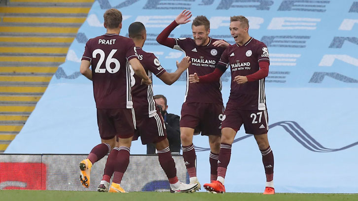 Jamie Vardy celebrates scoring at Manchester City