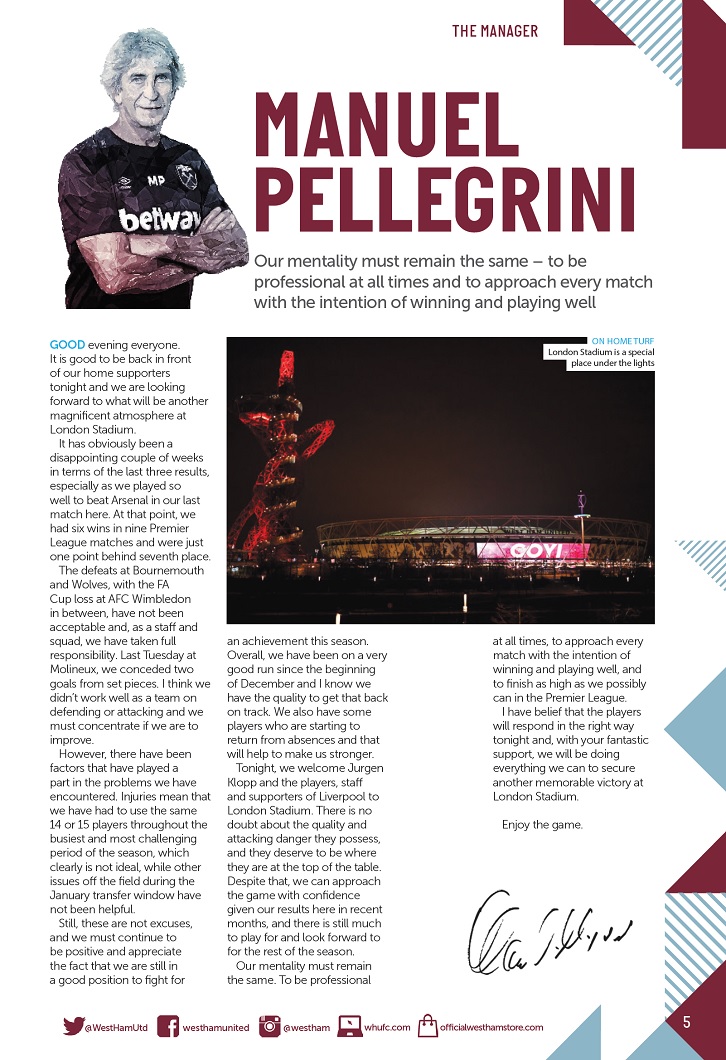 Manuel Pellegrini's programme column
