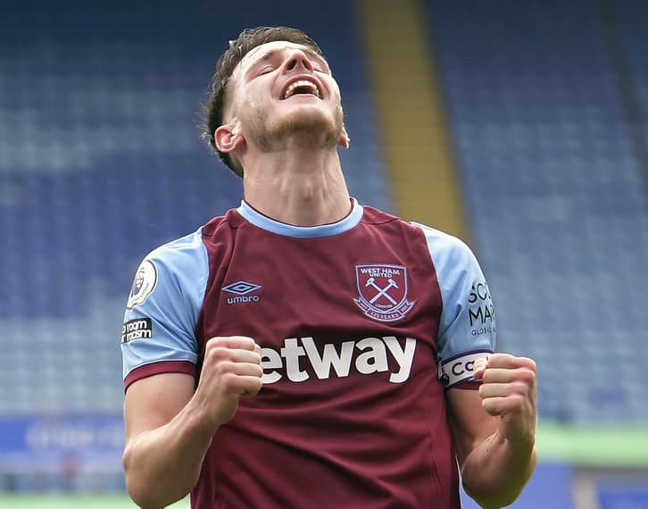 Declan Rice celebrates at Leicester