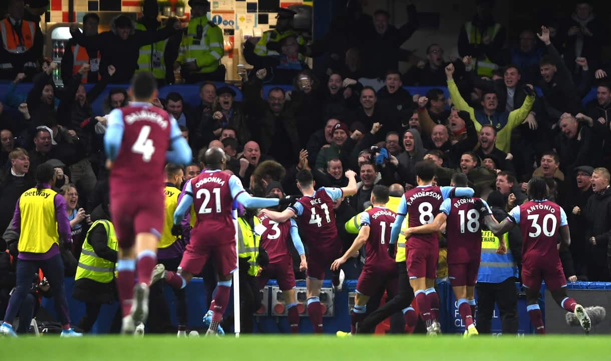 The Hammers celebrate Aaron Cresswell's goal in their win at Chelsea earlier this season